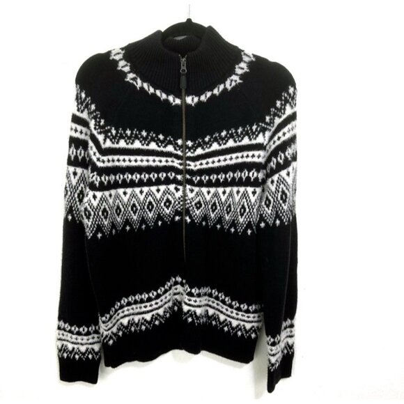Sundance Fenn Fair Isle Sweater Zip Front Cardigan Black White Size M Cabincore - Picture 1 of 11